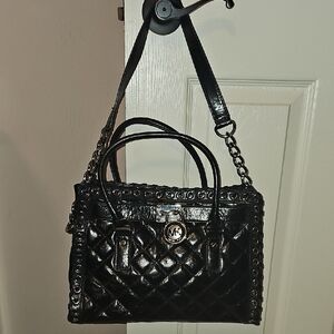 MICHAEL KORS HAMILTON HIPPIE Grommet Quilted Leather EW Satchel 30H4SHGS3L BLACK